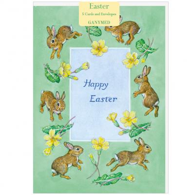 'Happy Easter' with baby rabbits and primroses by Audrey Tarrant