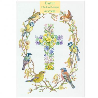 Cross of flowers in an oval of twigs and birds by Audrey Tarrant