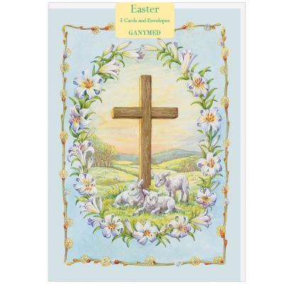 Cross with lambs and border of lillies & pussy willow  by Audrey Tarrant