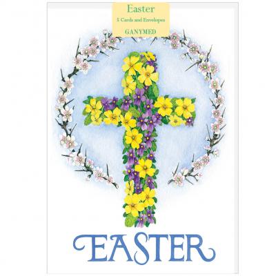 Easter cross of Primroses & Violets with circle of blackthorn blooms  by Elisabeth Foster